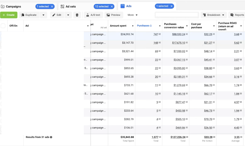 Meta Ads campaign performance chart